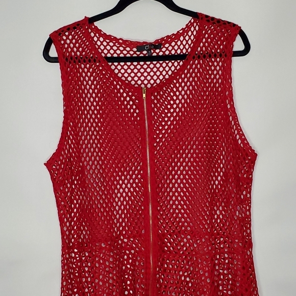 Fish Net Zip Front Peplum Top Size 3X Red Sleeveless Open Weave Tunic Stretch - Picture 3 of 12